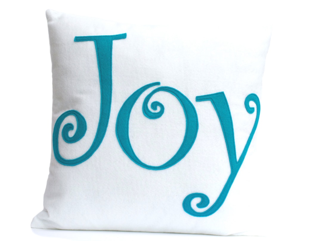 Joy Pillow Cover Appliquéd in White and Peacock Ecofelt 18 Etsy