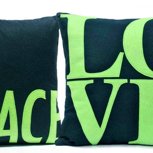 LOVE and PEACE Coordinating Throw Pillow Covers Appliquéd in Lime Green and Navy Eco-Felt 18 inches image 1