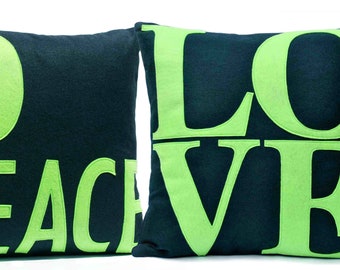 LOVE and PEACE Coordinating Throw Pillow Covers Appliquéd in Lime Green and Navy Eco-Felt 18 inches