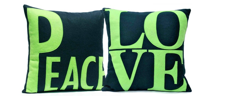 LOVE and PEACE Coordinating Throw Pillow Covers Appliquéd in Lime Green and Navy Eco-Felt 18 inches image 1