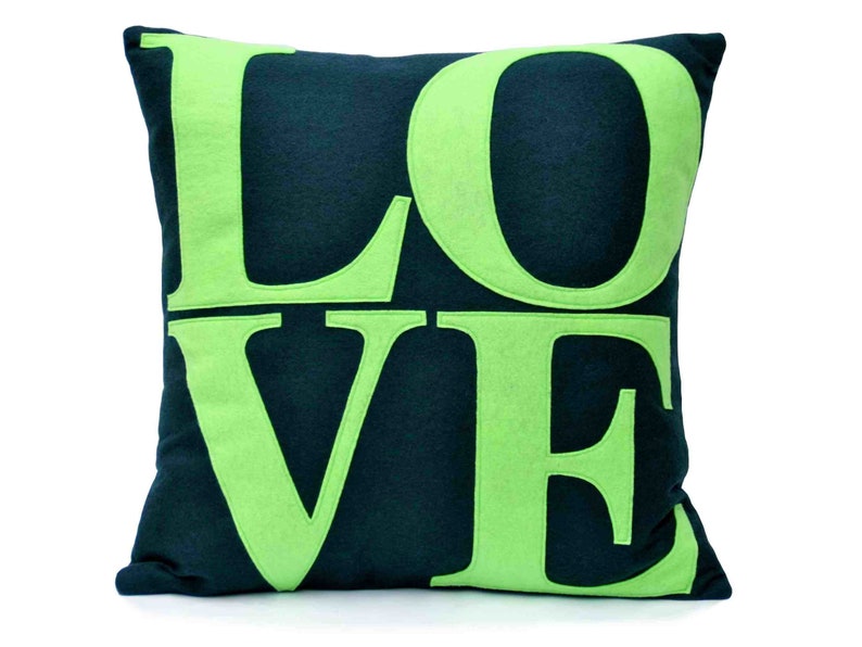 LOVE and PEACE Coordinating Throw Pillow Covers Appliquéd in Lime Green and Navy Eco-Felt 18 inches image 2