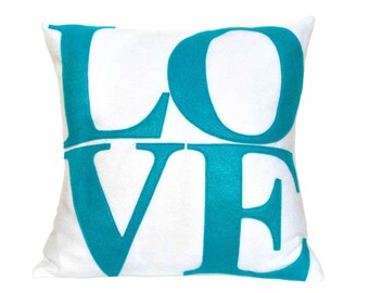 LOVE Pillow Cover Appliquéd in Peacock on Pure White Eco-Felt 18 inches In Stock and Ready to Ship