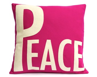 Peace Throw Pillow Cover Appliquéd in Antique White on Fuchsia Eco-Felt - 18 inches