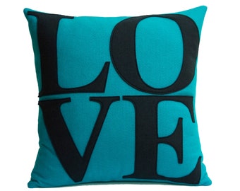 Ready to Ship - LOVE Throw Pillow Cover Appliquéd in Turquoise and Navy Eco-Felt 18 inches