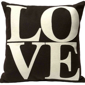 LOVE Throw Pillow Cover Appliquéd in Cocoa and Cream Eco-Felt 18 inches In Stock and Ready to Ship