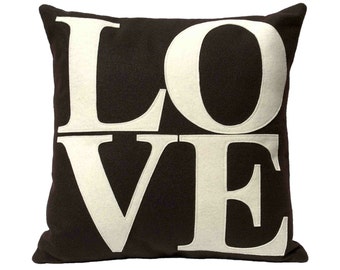 LOVE Throw Pillow Cover Appliquéd in Cocoa and Cream Eco-Felt 18 inches In Stock and Ready to Ship