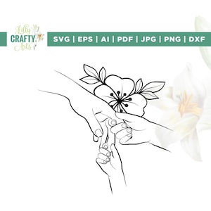 Moeder en twee kinderhanden SVG, silhouet, gesneden bestand, babyhand met bloem, hand in hand, moeder en baby, Moederdag SVG, opstrijkbaar