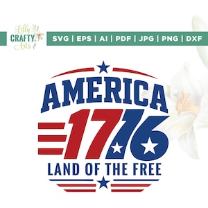 Pode incluir: Um design gráfico digital com o texto AMERICA 1776 LAND OF THE FREE em vermelho e azul. O design inclui três listras horizontais vermelhas à esquerda, duas estrelas brancas e duas estrelas azuis, dispostas em um layout circular patriótico.