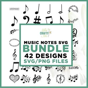 Può includere: Una collezione di disegni di note musicali in bianco e nero, tra cui semiminime, crome e chiavi di violino. L'immagine contiene il testo "MUSIC NOTES SVG BUNDLE 42 DESIGNS SVG/PNG FILES".