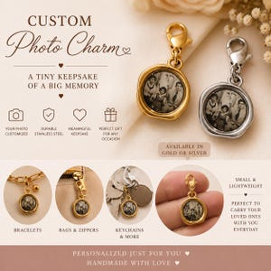 May include: Two round photo charms with lobster clasps, one in gold and one in silver, each featuring a black and white family portrait. The text reads Custom Photo Charm, A Tiny Keepsake of a Big Memory, Available in Gold or Silver.