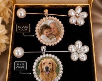Elegant Pearl Photo Brooch Pins – Custom Picture Memory Brooch – Floral Pearl Sweater Shawl Pin – Personalized Gift for Mom, Grandma, Bride