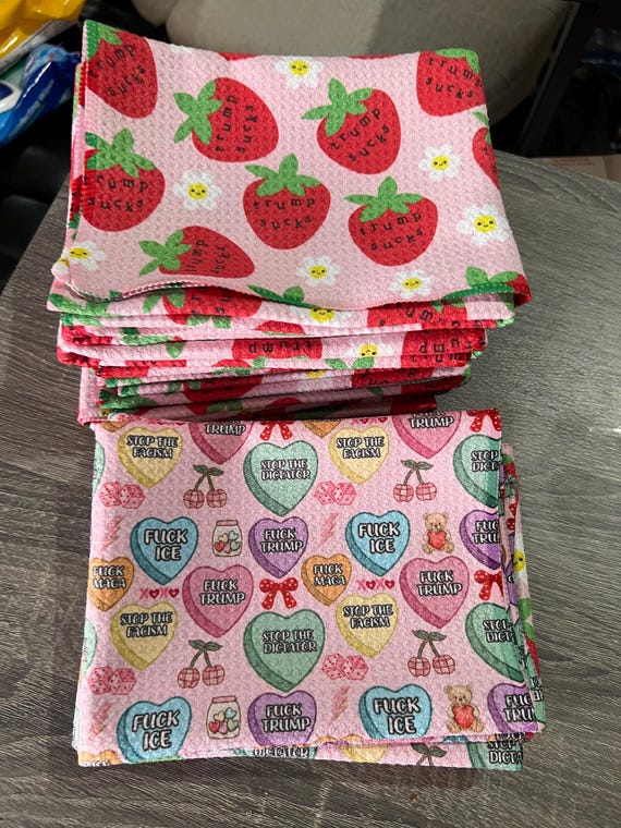 Subtle Trump Sucks Strawberry Hand Towel, Funny Political Berry Kitchen Towel, Sarcastic Liberal Home Decor, FDT Gift valentine hearts fdt