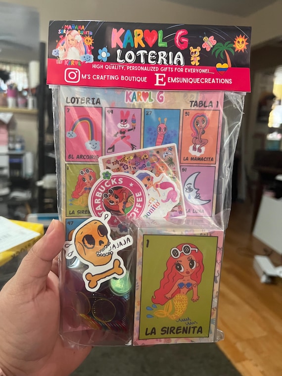 Karol g loteria, 5mil loteria game, laminated bichota loteria party game, Karol g loteria with bingo chips & stickers
