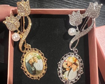 Fancy bling brooch memoral pins, bling photo  brooch, memorial floral brooch, memorial pin with photo, groom memorial brooch,bride brooch