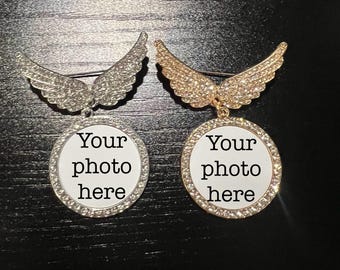 Fancy wing brooch memoral pins, bling wing photo  brooch, memorial brooch, memorial pin with photo, groom memorial brooch,bride wing brooch