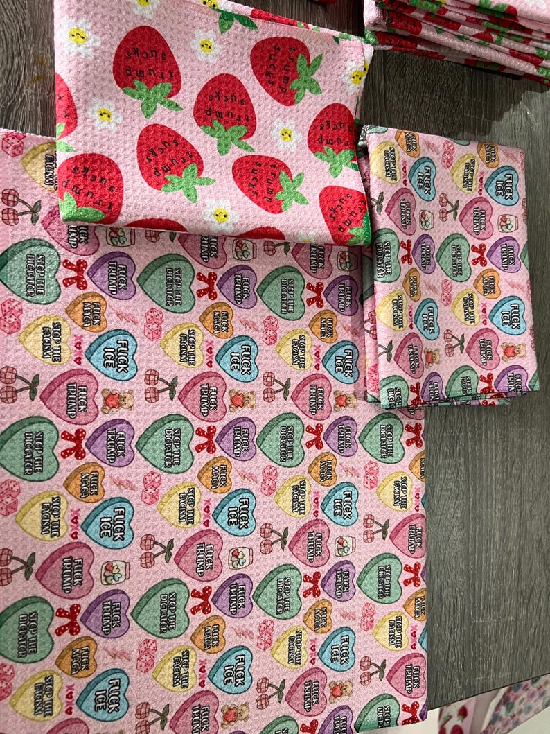 Subtle Trump Sucks Strawberry Hand Towel, Funny Political Berry Kitchen Towel, Sarcastic Liberal Home Decor, FDT Gift valentine hearts fdt image 3