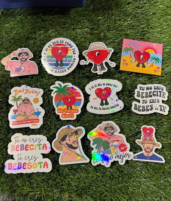12 pack of bad bunny holo shiny stickers, bad bunny stickers, bad bunny un verano sin ti sticker pack, bad bunny stickers free shipping
