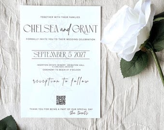 May include: A wedding invitation with a light blue background featuring the names Chelsea and Grant, the date September 5, 2027, and the location Ingerton Estate Winery, Brighton Hall. The invitation also includes a QR code and the text "reception to follow".