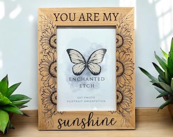 Sunshine Sunflower Customizable Engraved Wooden Photo Frame for 5x7 Photo with optional personalization. Laser engraved solid wood frame.