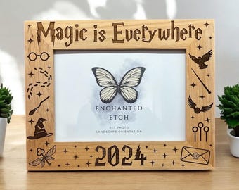 Magic is Everywhere Customizable Engraved Wooden Photo Frame for 5x7 Photo with optional personalization. Laser engraved solid wood frame.