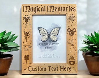Magical Memories Customizable Engraved Wooden Photo Frame for 5x7 Photo with optional personalization. Laser engraved solid wood frame.