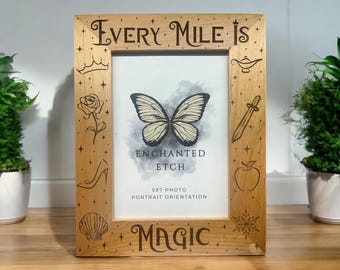 Every Mile Magic Customizable Engraved Wooden Photo Frame for 5x7 Photo with optional personalization. Laser engraved solid wood frame.