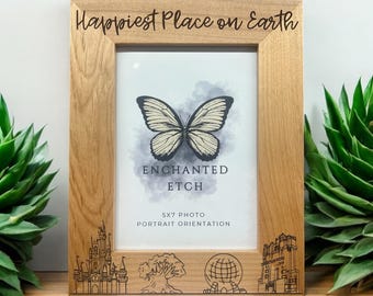 Happiest Place on Earth Engraved Wooden Photo Frame for 5x7 Photo. Laser engraved solid wood frame.