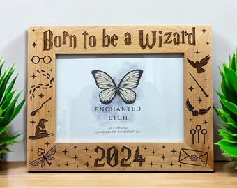 Born to be a Wizard Customizable Engraved Wooden Photo Frame for 5x7 Photo with optional personalization. Laser engraved solid wood frame.