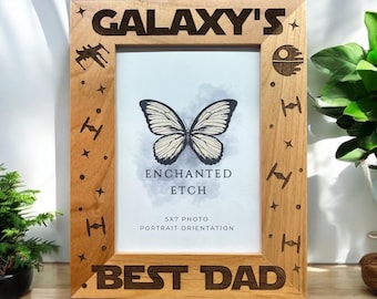Galaxy’s Best Dad Customizable Engraved Wooden Photo Frame for 5x7 Photo with optional personalization. Laser engraved solid wood frame.