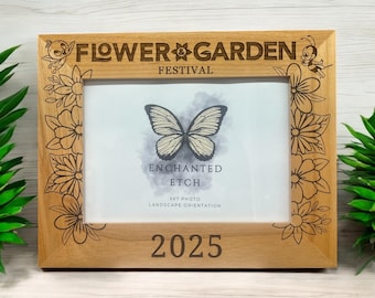 Flower and Garden Customizable Engraved Wooden Photo Frame for 5x7 Photo with optional personalization. Laser engraved solid wood frame.