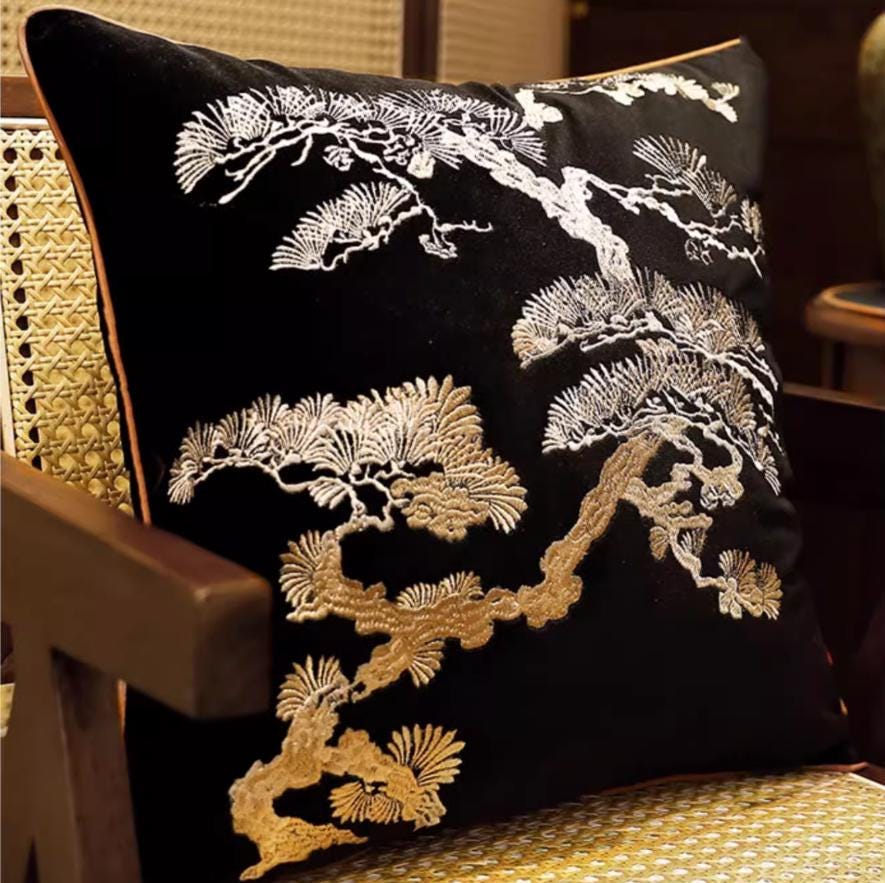 Embroidered Black Velvet Throw Pillow Cover,Crane Pillowcase,Pinetree Pattern Pillow,Couch Decor.Thanksging Christmas Gift,Black Gold Pillow