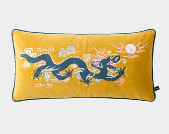 Embroidered Dragon Gold Velvet Lumbar Pillow, Couch Sofa Decor,living Room Throw Pillow Cover,New Home Gift