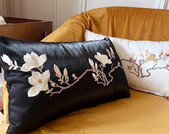 Embroidered Orchid Lumbar Pillow Cover: Silk Brocade Blossom Pillowcase