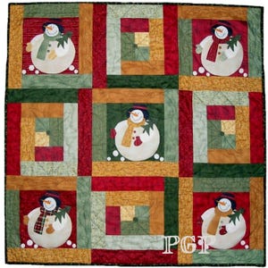 May include: A handmade quilt featuring nine squares with a repeating snowman design. Each snowman has a black hat, scarf, and mittens. The quilt has a patchwork design with red, green, and gold squares, perfect for winter decor.