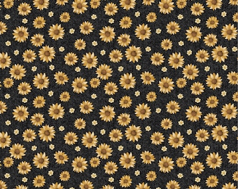 2/3 Yard Cut of Sunflowers on Black- A Wooly Autumn 100% Cotton Fall Quilt Fabric  #13057-12