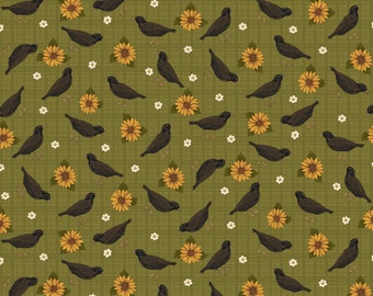 Almost One Yard + 16" Cut of Crows on Green- A Wooly Autumn 100% Cotton Fall Quilt Fabric  #13058-44