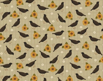 Almost One Yard Cut of Crows on Tan- A Wooly Autumn 100% Cotton Fall Quilt Fabric  #13058-70