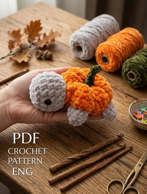 Crochet Pumpkin Turtle Amigurumi, Velvet Yarn Plushie, Autumn Decor (PDF Pattern)