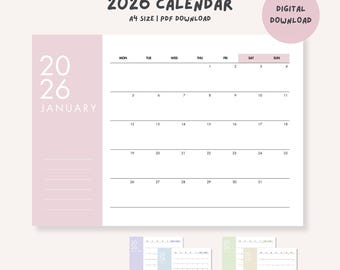 Calendario mensual 2026: Planificador minimalista A4 (Descarga digital)