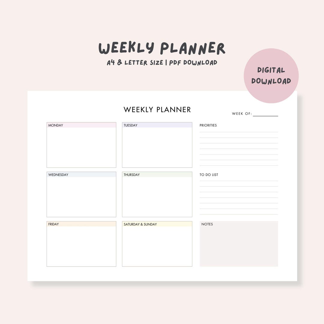Minimalist Weekly Planner Printable: Landscape Layout (digital Download ...