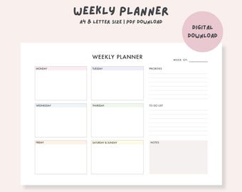 Planejador Semanal Minimalista para Imprimir: Layout Paisagem (Download Digital)