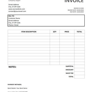Puede incluir: Una plantilla de factura en blanco con campos para la descripci&oacute;n del art&iacute;culo, la cantidad, el precio y el total. Incluye secciones para el subtotal, el descuento, el impuesto sobre las ventas y el total. El n&uacute;mero de factura es 12345, la fecha de facturaci&oacute;n es el 01/01/2024 y la fecha de vencimiento es el 15/01/2024.