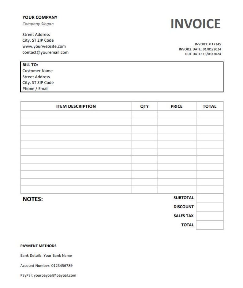 Puede incluir: Una plantilla de factura en blanco con campos para la descripci&oacute;n del art&iacute;culo, la cantidad, el precio y el total. Incluye secciones para el subtotal, el descuento, el impuesto sobre las ventas y el total. El n&uacute;mero de factura es 12345, la fecha de facturaci&oacute;n es el 01/01/2024 y la fecha de vencimiento es el 15/01/2024.