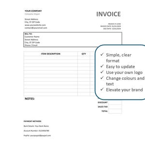 Puede incluir: Una plantilla de factura en blanco con una lista de verificaci&oacute;n de caracter&iacute;sticas: formato simple y claro, f&aacute;cil de actualizar, usar su propio logotipo, cambiar colores y texto, elevar su marca.
