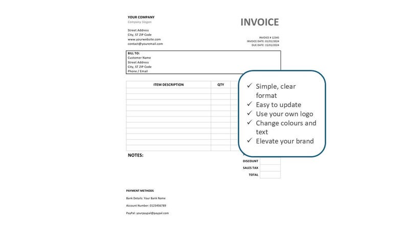 Puede incluir: Una plantilla de factura en blanco con una lista de verificaci&oacute;n de caracter&iacute;sticas: formato simple y claro, f&aacute;cil de actualizar, usar su propio logotipo, cambiar colores y texto, elevar su marca.