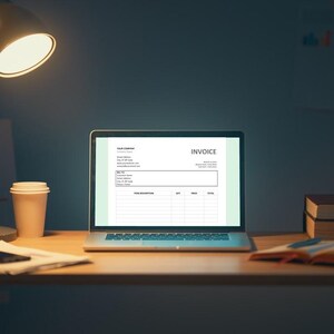 Puede incluir: Un ordenador port&aacute;til con una plantilla de factura en blanco que se muestra en la pantalla. El port&aacute;til est&aacute; sobre un escritorio de madera con una taza de caf&eacute;, una libreta y un libro.