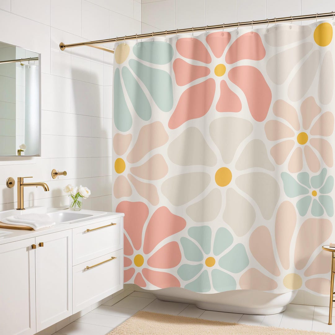 Retro Daisy Shower Curtain Pink and Cute Shower Curtain Funky Shower