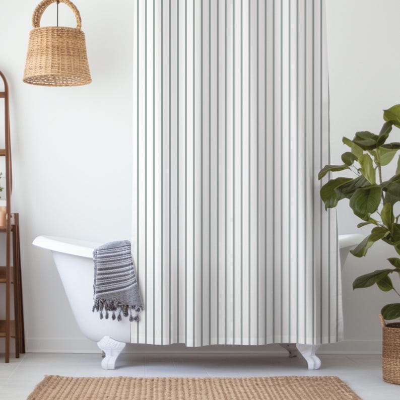 Sage Green Stripped Shower Curtain Farmhouse Shower Curtain Minimalist