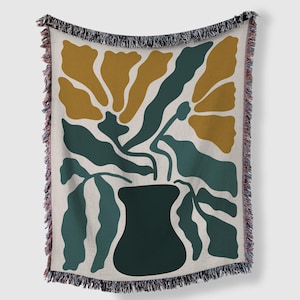Woven Blanket - Matisse Blanket Woven Green and Cream, Cotton Throw, Leaf Tapestry, Boho Home Decor, Floral Throw Blanket