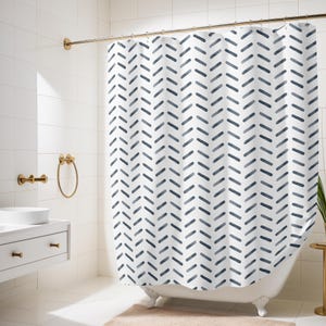 Blue Watercolor Herringbone Shower Curtain | Blue and White Shower Stall Curtain | Minimalist Bathroom Decor | Geometric Shower Curtain